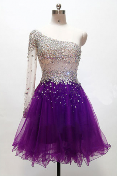 Grape Homecoming Dress,one Shoulder Homecoming Dresses,tulle Homecoming Gowns,short Prom Gown,sweet 16 Dress,glitter Homecoming Dress,fitted