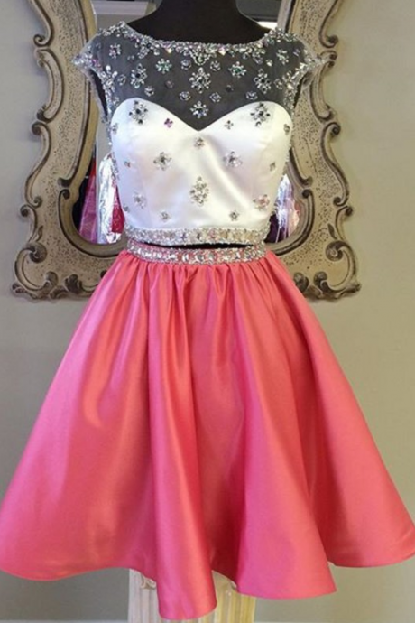 Coral Homecoming Dress,2 Piece Homecoming Dresses,Silver Beading Homecoming Gowns,Short Prom Gown,Coral Pink Sweet 16 Dress,Homecoming Dress,2 pieces Cocktail Dress,Two Pieces Evening Gowns