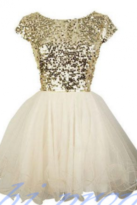 Ivory Homecoming Dress,sparkle Homecoming Dresses,sequined Homecoming Gowns,2015 Fashion Prom Gowns,sparkly Sweet 16 Dress,gold Sequin Homecoming