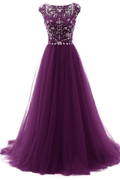 Gorgeous Beaded Grape Prom Dress, Tulle Pageant Gown, Formal Gown