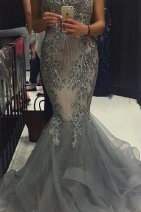Sexy Prom Dress,modest Prom Dresses,beautiful Prom Gowns,silver Gray Evening Dress Mermaid Evening Gowns,tulle Prom Gown