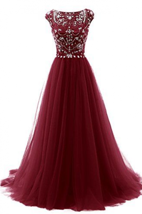 Gorgeous Beaded Burgundy Prom Dress, Tulle Pageant Gown, Formal Gown