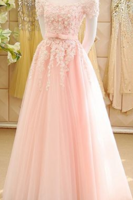 Pink Princess Prom Dresses With Lace Appliques, Illusion Prom Dress With Short Sleeves, See-through Tulle Prom Dresses,charming Evening Dress