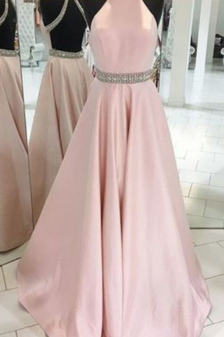 Prom Dress, Crystals Beaded Bellt Prom Dress, Long Prom Dress, Pink Backless Prom Dress,Halter Prom Dress,Evening Dress