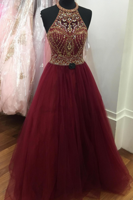 Gorgeous Beaded Burgundy Prom Dress, Tulle Halter Pageant Gown, Formal Gown