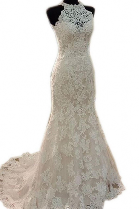 Wedding Dresses, Wedding Gown,vintage Halter Long Lace Mermaid Wedding Dresses 2017 Romantic Bridal Gown