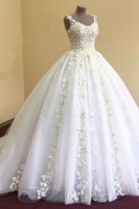 Wedding Dresses, Wedding Gown,elegant Lace Appliques V Neck White Organza Ball Gowns Wedding Dress 2017