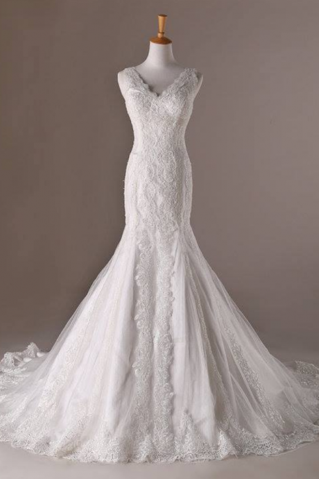 Wedding Dresses, Wedding Gown,v Neck White Lace Mermaid Wedding Dresses 2017 Vintage Bridal Gowns