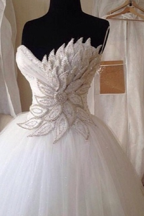 Wedding Dresses, Wedding Gown,elegant Pearl Beaded Sweetheart Peacock Wedding Dresses Ball Gowns 2017