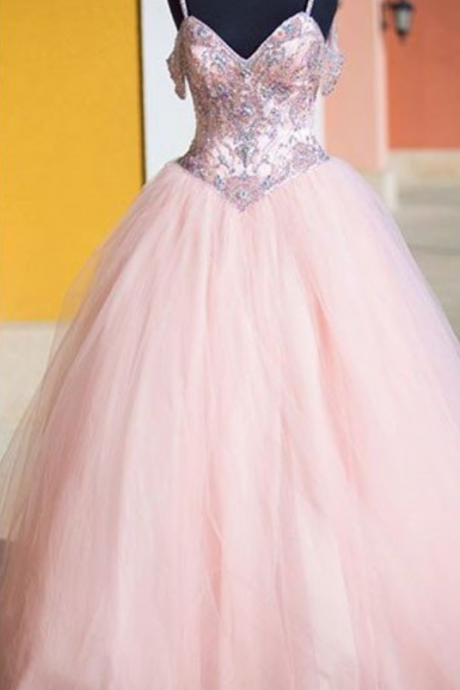 Sexy Prom Dress,sleeveless Prom Dress,ball Gown Prom Dresses Evening Dress, Tulle Pink Long Prom Dresses,pink Quinceanera Dresses