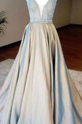 Real Photos A Line Evening Dresses,v Neck Beaded Prom Dress,long Prom Dresses,formal Gown