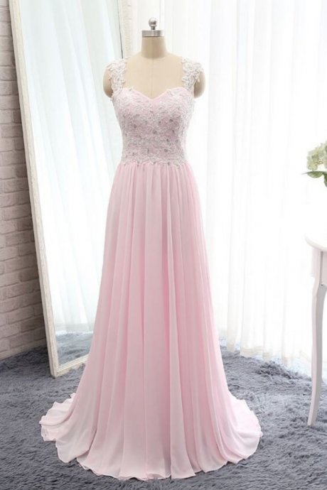 Charming Prom Dress,elegant Pink Chiffon Prom Dresses,appliques Prom Dress,floor Length Evening Dress
