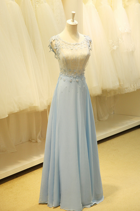 Charming Chiffon Evening Dress,cap Sleeve Appliques Prom Dress,floor Length Prom Dresses
