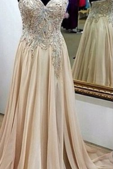 Spaghetti Straps Prom Dress,long Prom Dresses,crystal And Beaded Evening Dress,backless Formal Dress