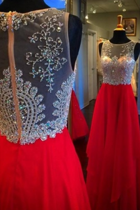 Fashion A-line Tank Long Red Chiffon Woman Prom Dresses Sheer Back Long Prom Dress