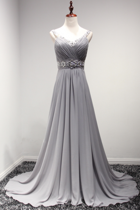 Sleeveless V-neck Ruched Beaded Chiffon A-line Long Prom Dress, Evening Dress