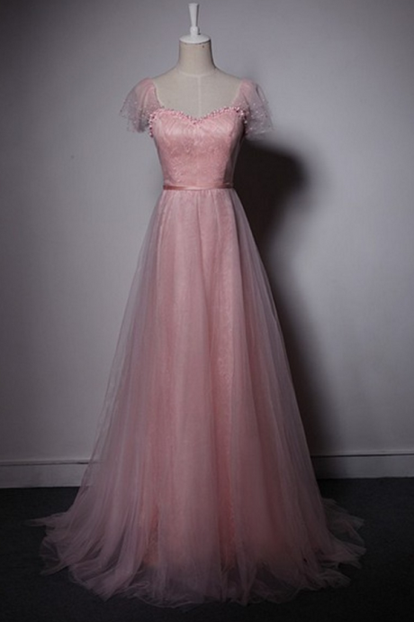 Charming Prom Dress,sexy Prom Dress,cap Sleeve Tulle Long Evening Dress,formal Dress