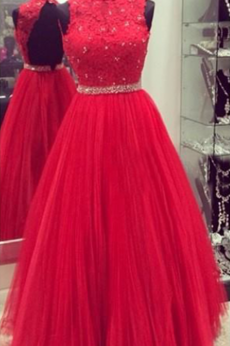  High New Red Tulle Prom Dress,Red Appliques A Line Formal Evening Gown Dresses,Backless Prom Dress