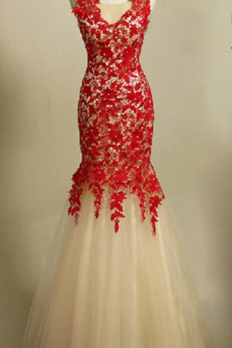 Charming Red Lace Evening Dress,elegant Evening Dresses,formal Evening Gown,long Prom Dress