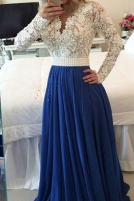 Charming Prom Dress,Long Sleeve Evening Dress,See Though Chiffon Evening Gown,Appliques Formal Dress