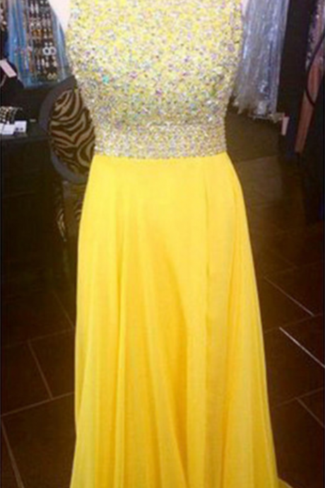 O Neck Open Back Crystal Yellow Evening Dresses A Line Long Chiffon Prom Dress