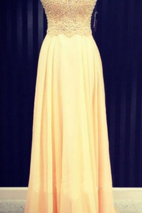 Yellow Pearls Long Chiffon Evening Dresses 2016 See Through Elegant Formal Chiffon Occasion Evening Gown