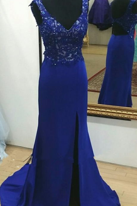 Fashion Prom Dress,v Neck Prom Dress,royal Blue Lace Appliques Evening Formal Gown,evening Dress For Formal Party