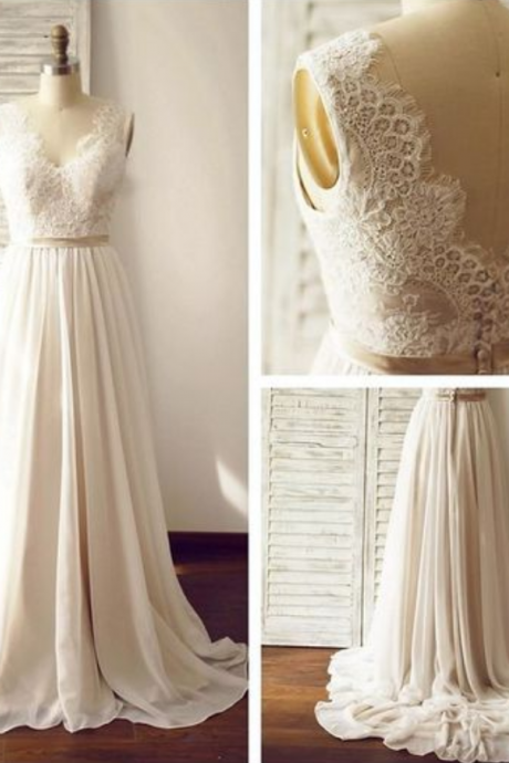 Charming Prom Dress,white Chiffon Prom Dress,long Evening Dress,v Neck Wedding Party Dress