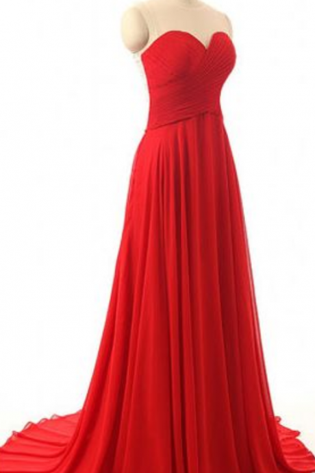 Chiffon Prom Dress,red Long Prom Gown,sweep Train Evening Dress