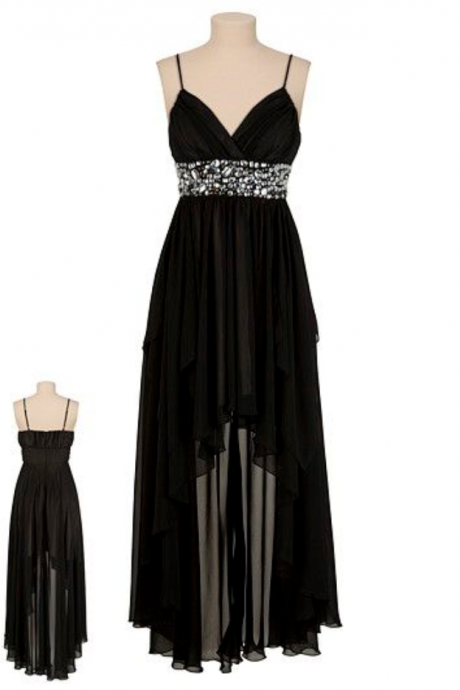 Spaghetti Straps Prom Dress,high-low Prom Dresses,black Chiffon Prom Dress