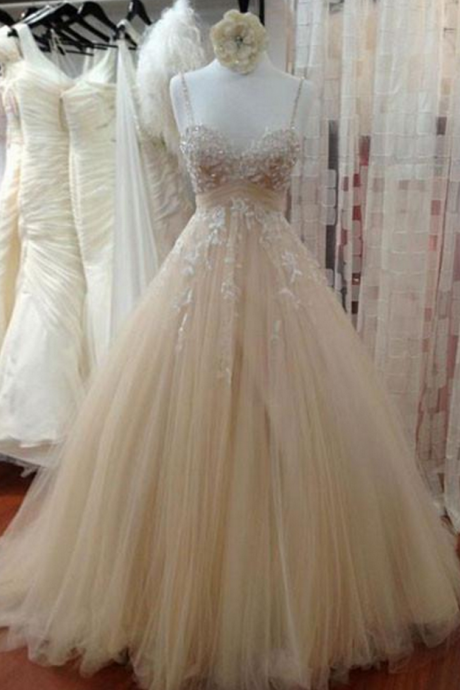 Champagne Tulle Lace Long Prom Dress, Lace Wedding Dress