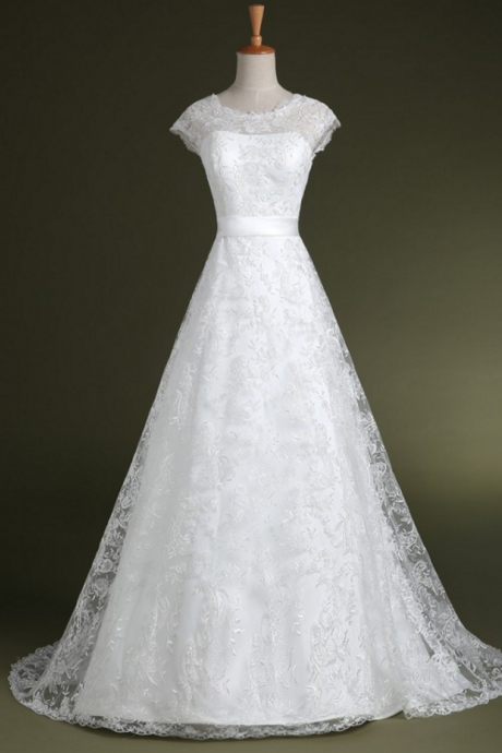 Cap Sleeves A-line Lace Wedding Dresses Floor Length Women Bridal Gowns