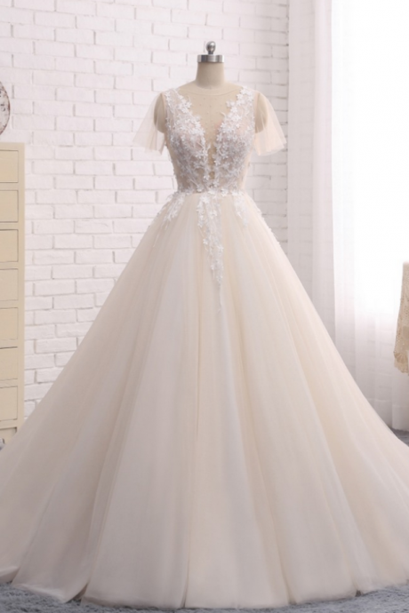 Wedding Dresses ,with Beading Detachable Train Vestido De Noiva Lace Appliques Sheer Back Bridal Gowns
