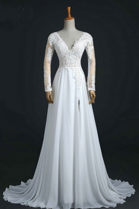Long Wedding Dress, Lace Wedding Dress, Chiffon Wedding Dress, Side Split Bridal Dress