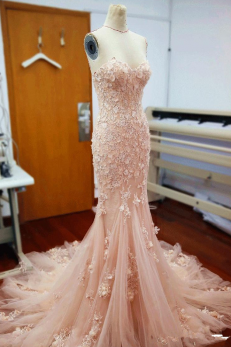 Pink Sweetheart Prom Dresses,mermaid Wedding Dresses,wedding Gowns,applique Long Bridal Dresses,wedding Dresses