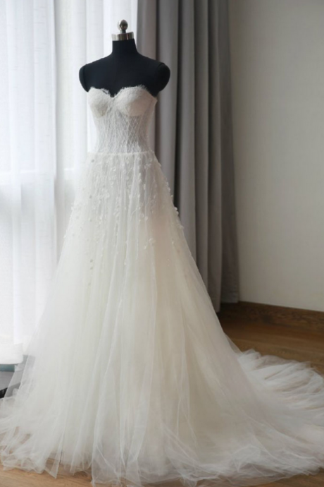 Tulle Wedding Gown Featuring Crystal Flower Embellishments And Lace Strapless Sweetheart