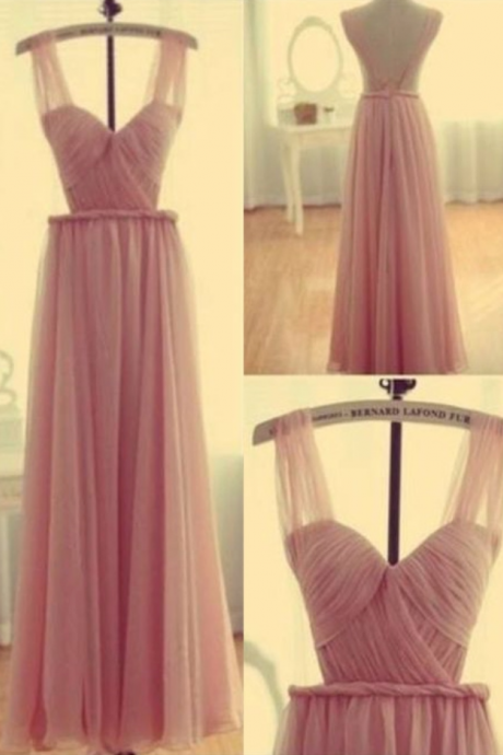  Bridesmaid Dresses, Elegant Straps A-line Ruffles Long Pink Bridesmaid Dress