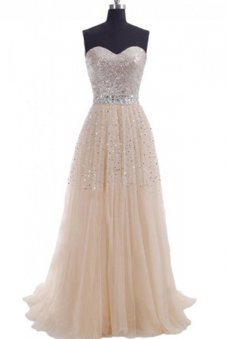 High Quality A-line Strapless Beadings & Sequins Sleeveless Zip Back Prom Dresses,long Prom Dresses