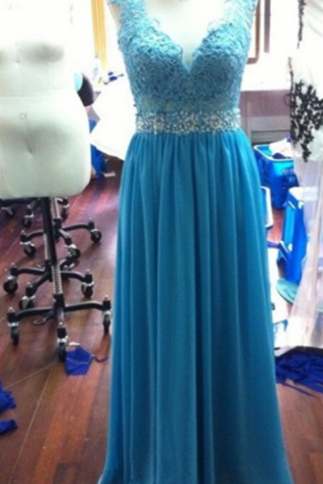 Evening Dresses Sheer Neck Back See Through Turquoise Blue Long Prom Dress