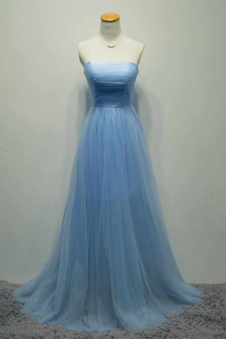 Custom Made Graduation Strapless Blue Prom Dresses With Pleat, Long Homecoming Dress, A Line Graduation Dresses,elegant Evening Dresses, Evening
