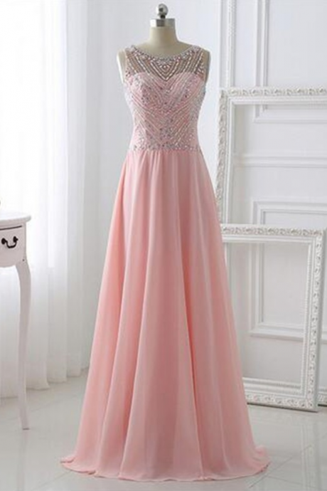 Pink Long Sparkle Bling Bling Prom Dresses 2016 With Hollow Back A Line Chiffon Beading Luxury Evening Party Dress