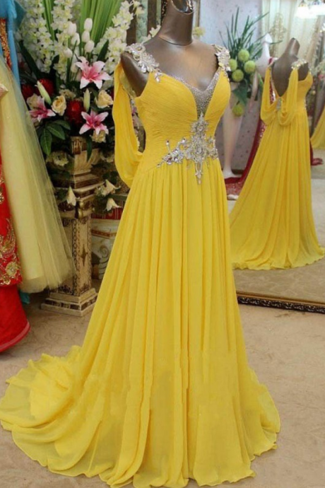 Sexy Long Prom Dresses,yellow Women Formal Gown,beading Prom Gown,v Neck Chiffon Evening Formal Dresses