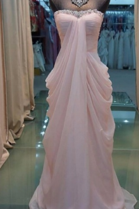 Real Picture Pink Elegant Prom Gowns A-line Strapless Backless Beaded Pleat Floor Length Chiffon Graduation Party Dresses