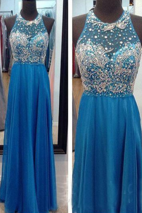 Simple Blue Prom Dresses,crew Neck With Beaded Crystal Prom Dresses,empire Backless Chiffon Long Formal Gowns,party Evening Dress