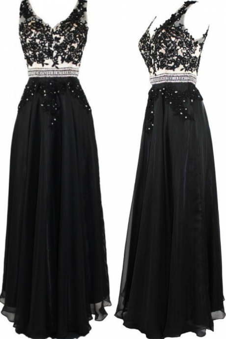 A-line Black V-neck Long Chiffon Bridesmaid Dresses With Appliques And Beads