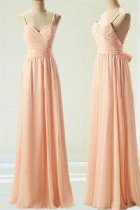 Light Pink Prom Dress With Bow, Simple Prom Dresses 2016,chiffon Bridesmaid Dresses,spaghetti Straps Evening Gown, Evening Dresses