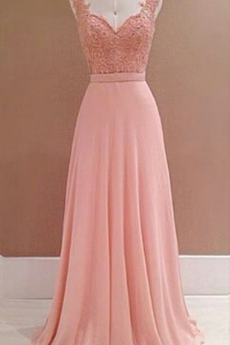 Pretty A-line Sweetheart Chiffon Floor Length Lace Appliques Backless Prom Dress Gowns For Wedding Party