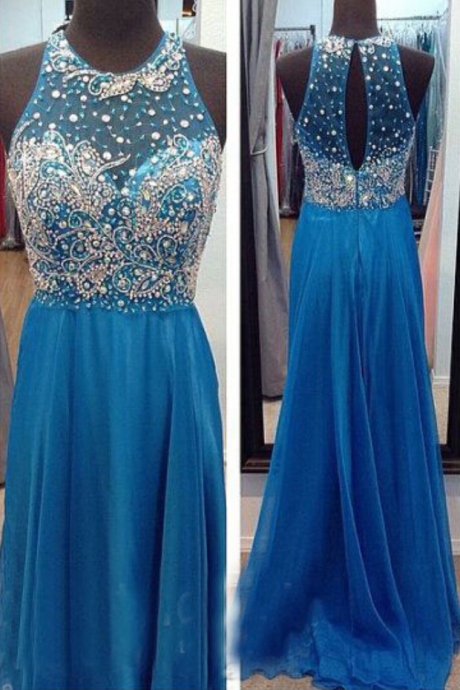 Backless Chiffon Prom Dresses,beading Evening Dresses,long Prom Dresses,chiffon O-neck Prom Dresses,see Though Evening Dress