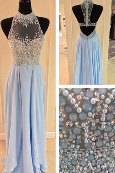 Blue Prom Dress,long Prom Dress,beading Prom Gown,backless Prom Dress,crystal Prom Dress,sexy Evening Dress