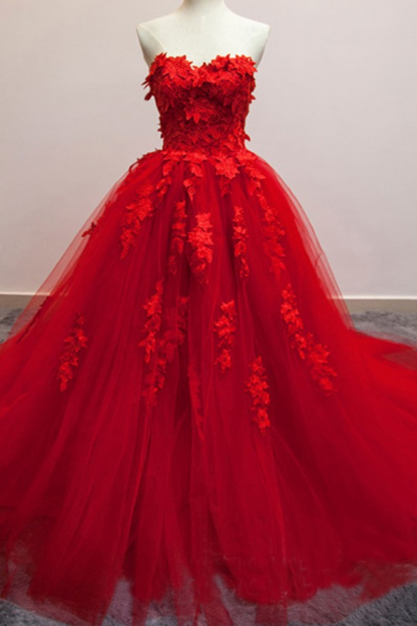  Red Ball Gown Appliques Lace Flower Wedding Dresses 